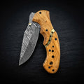 Damascus folding knife with olive burl wood handle – full view