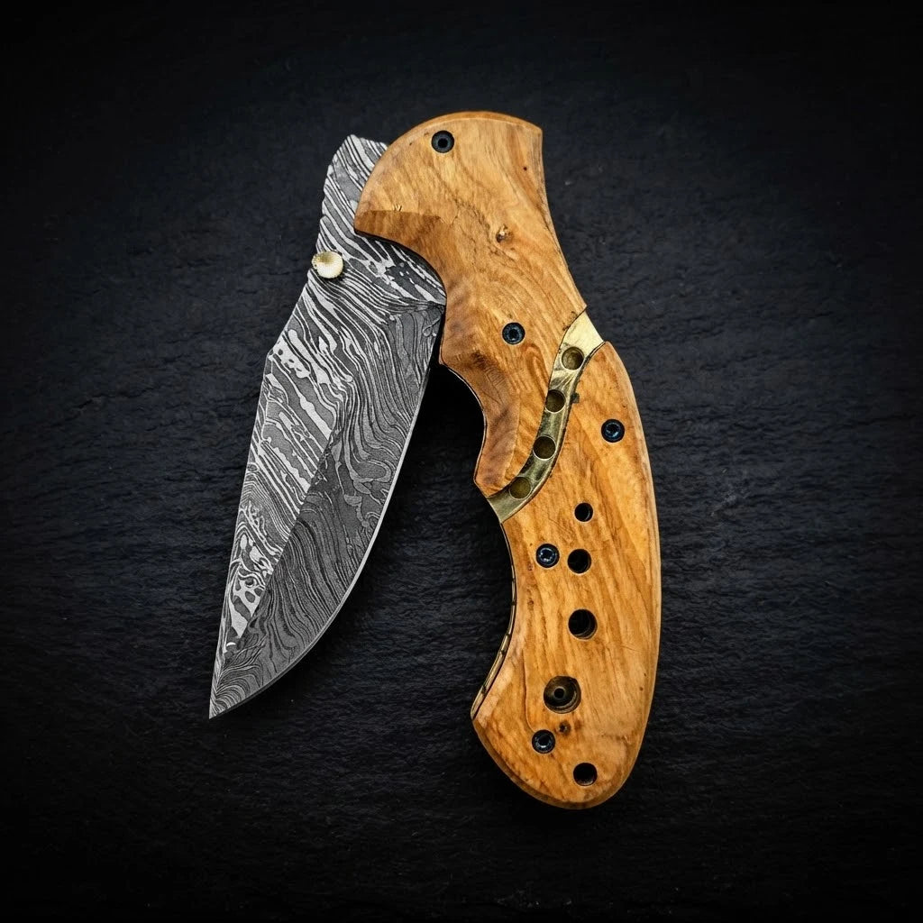 Damascus folding knife with olive burl wood handle – full view