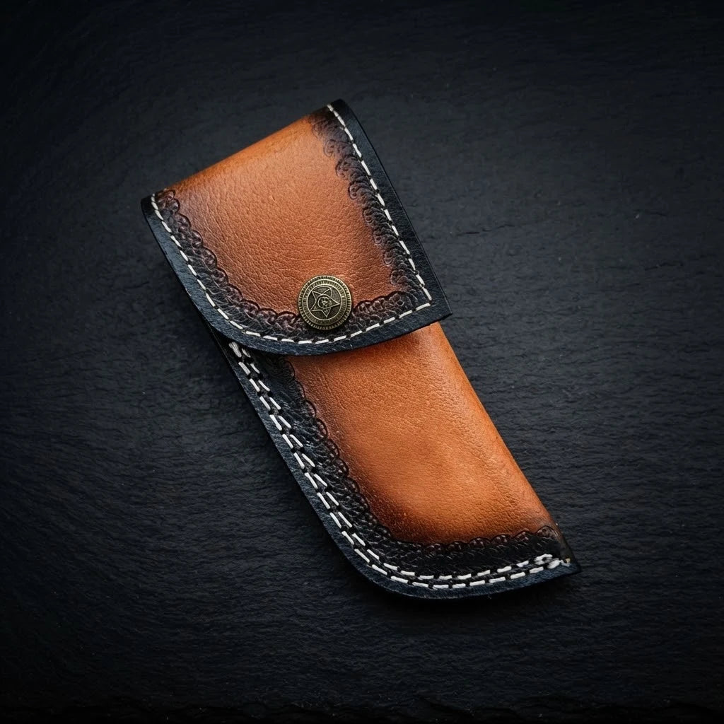 Damascus folding knife with olive burl wood handle – with leather sheath
