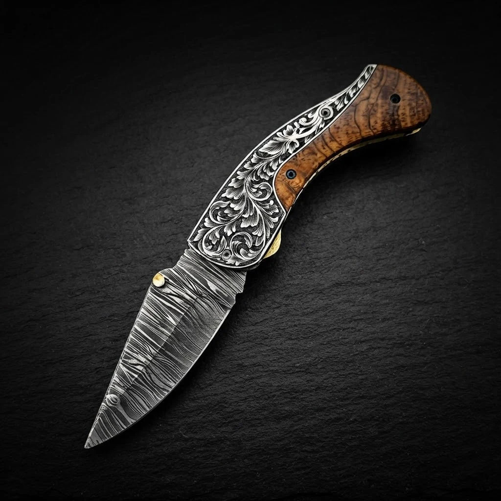 Olive wood folding pocket knife — liner lock mechanism detail