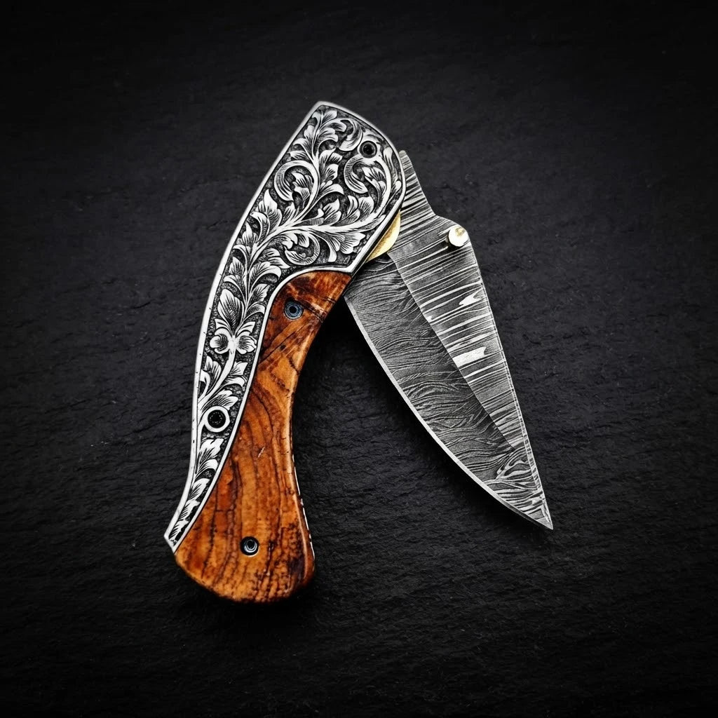 Olive wood folding pocket knife with genuine leather sheath