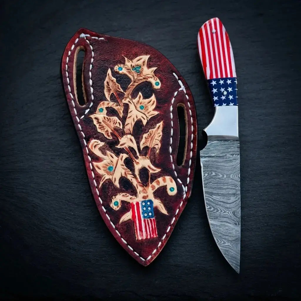 Patriotic Damascus steel cowboy knife with American flag resin handle and steel bolster