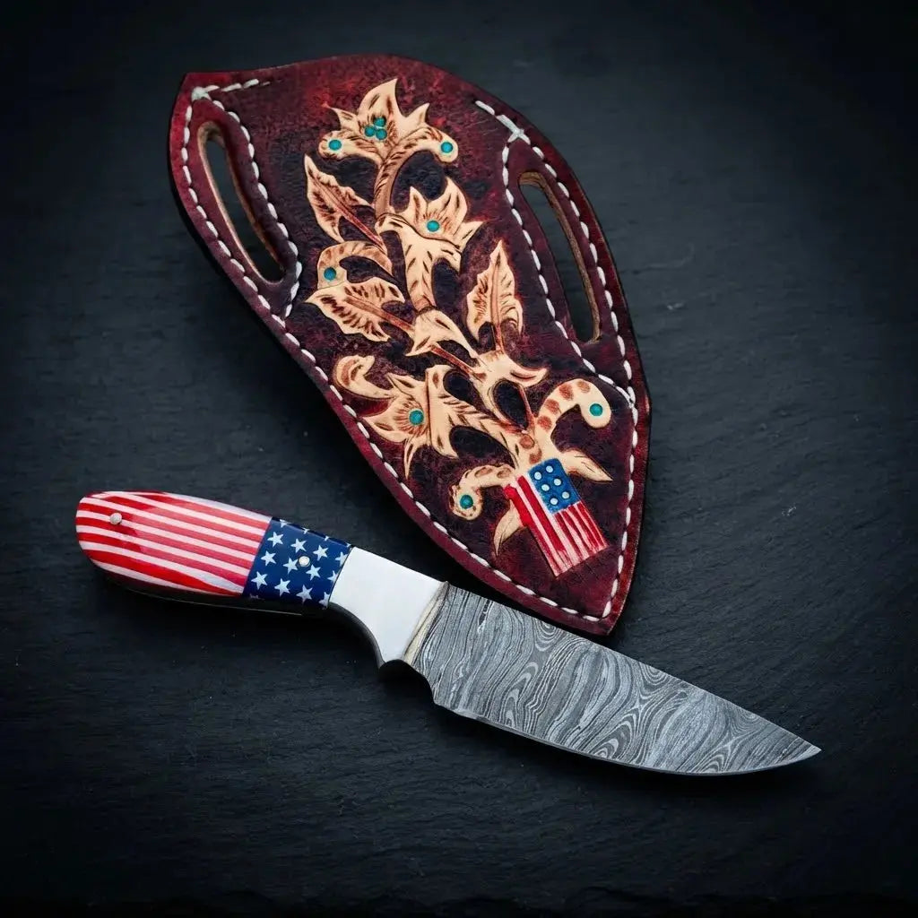 8-inch Damascus fixed blade cowboy knife with American flag handle and flag leather sheath