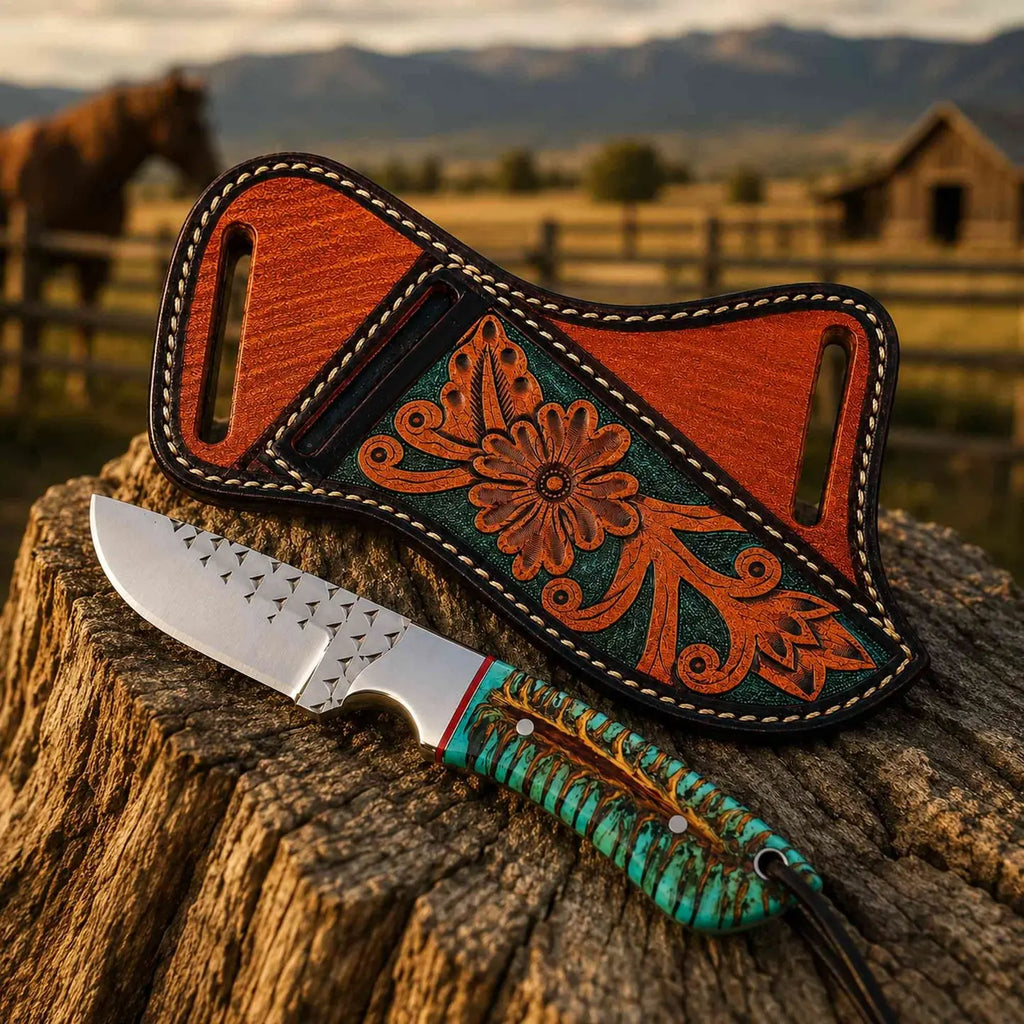 Handmade Ranch Knife – D2 Rasp Steel Blade, Turquoise Handle & Tooled Pancake Sheath Forged by Vikings