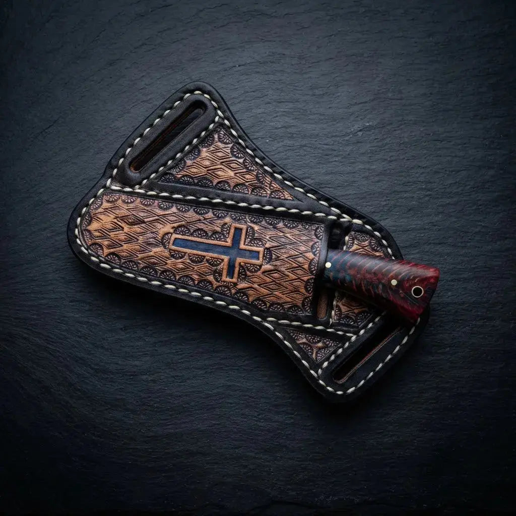 Horse rasp steel cowboy knife with pinecone handle and genuine leather cross-draw sheath