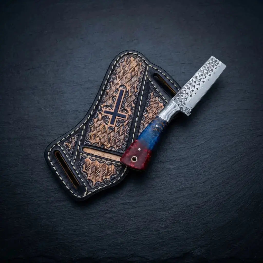 Handmade 7-inch pinecone handle bull cutter knife with decorated leather sheath