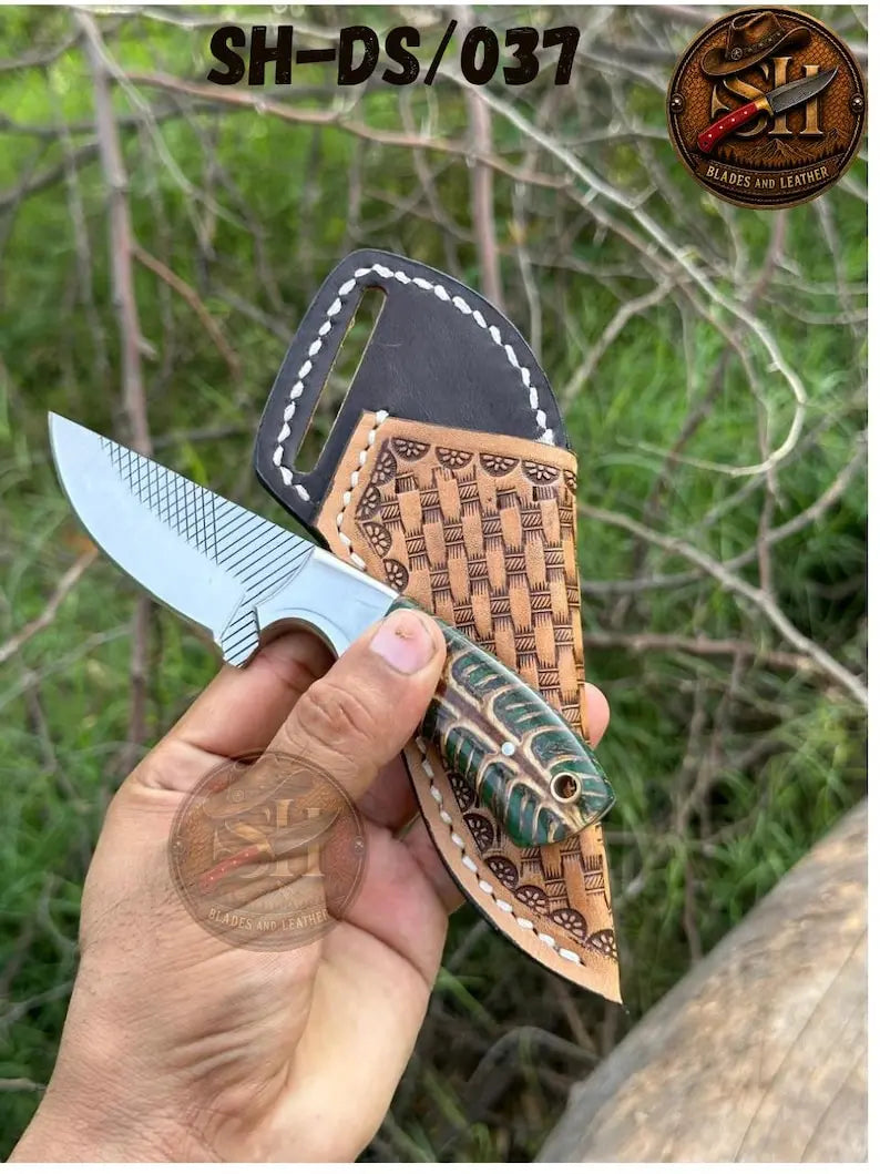 Pinecone resin handle cowboy skinner knife with horse rasp steel blade, 6 inch
