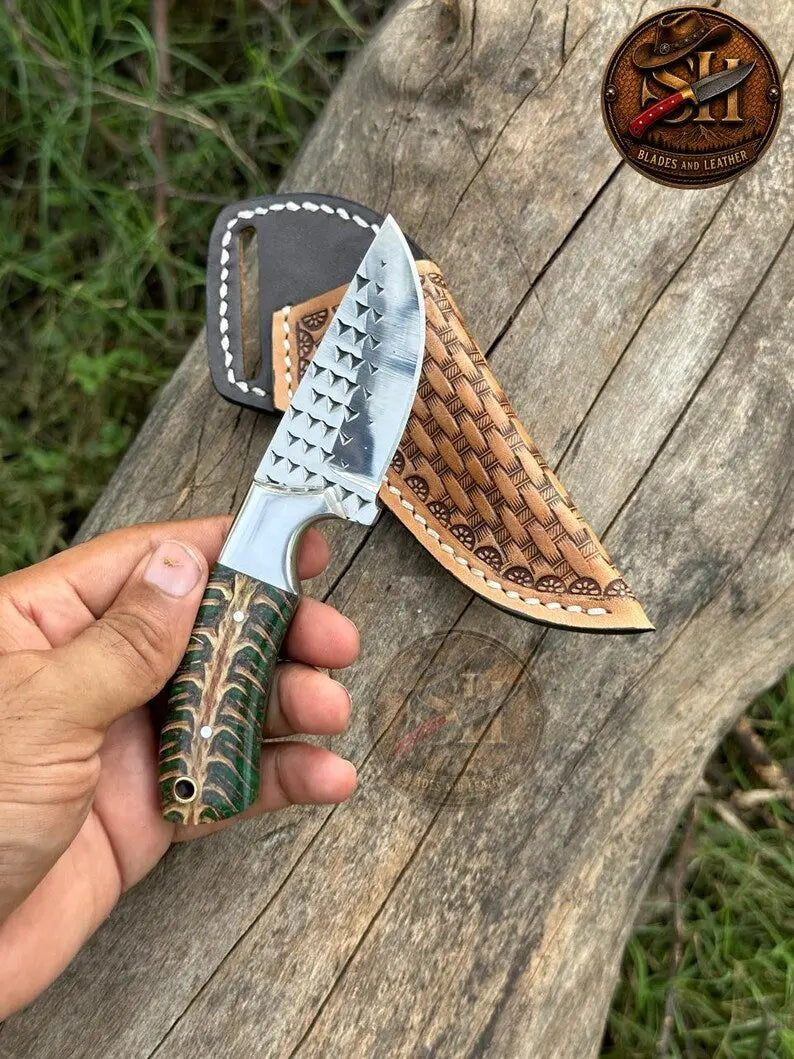 6 inch pinecone resin skinner knife with cross-draw decorative leather sheath