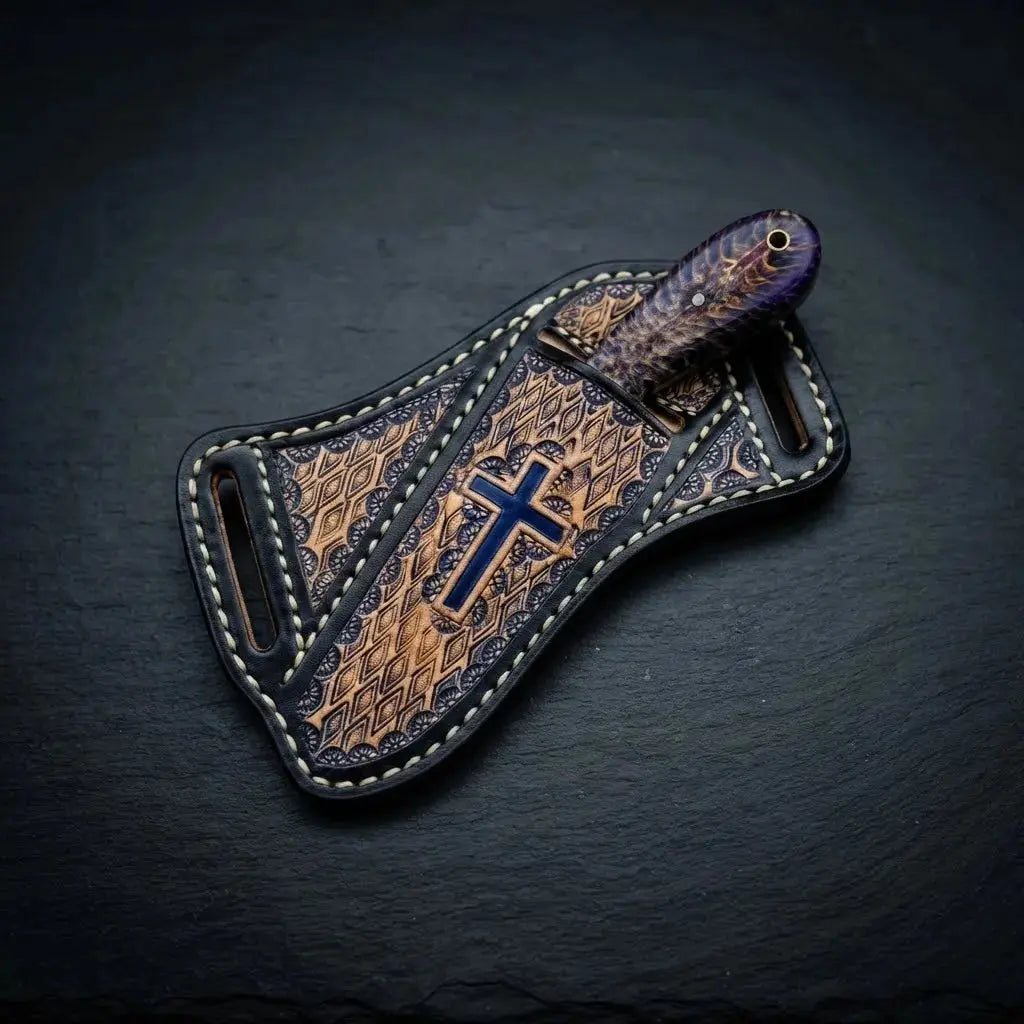 Pinecone handle skinner knife with hand-stitched cross-draw leather sheath