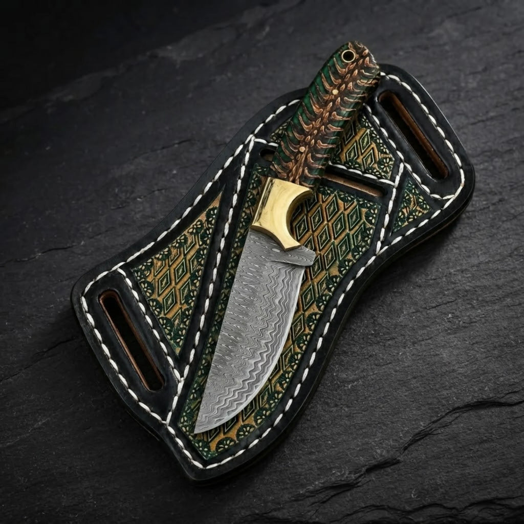 Handmade Damascus cowboy knife with green pine cone handle
