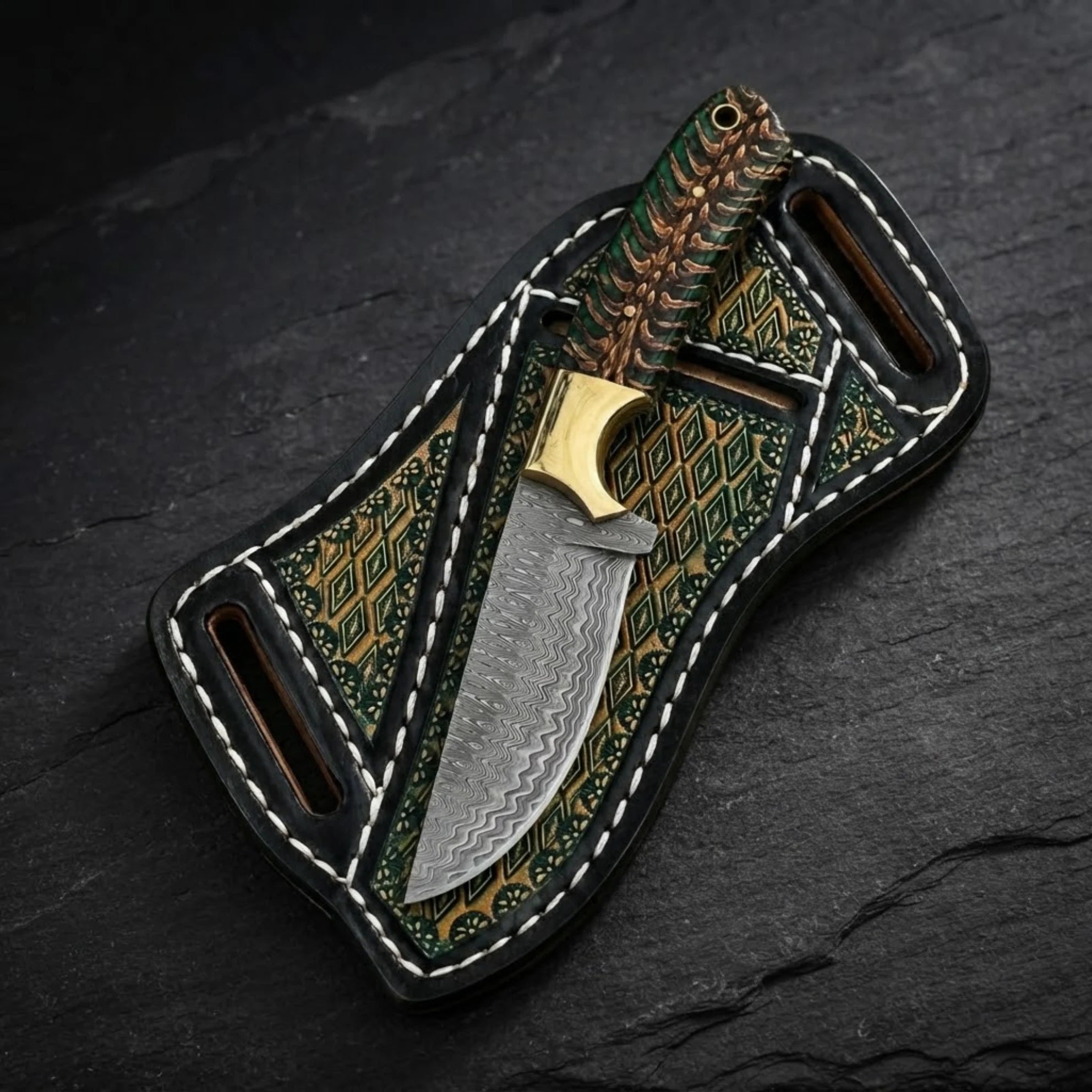 Handmade Damascus cowboy knife with green pine cone handle