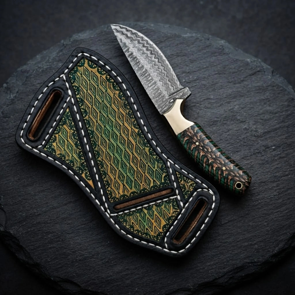 Handmade Damascus cowboy knife with green pine cone handle – stabilized green pine cone resin handle close-up