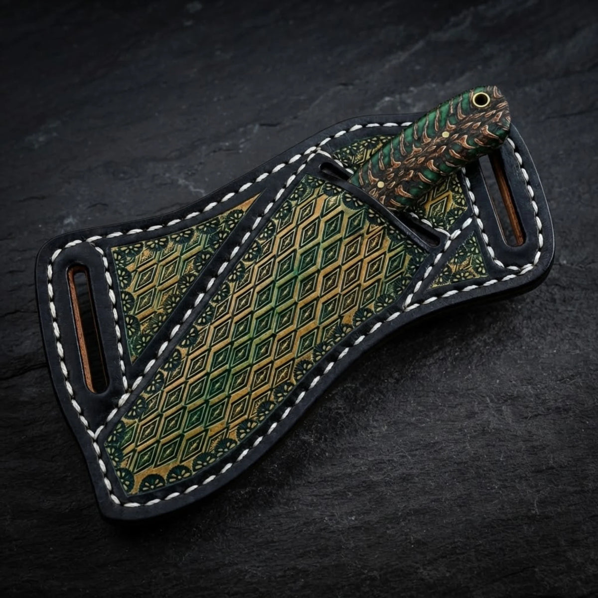 Handmade Damascus cowboy knife with green pine cone handle – black leather crossdraw pancake sheath with tooled inlay