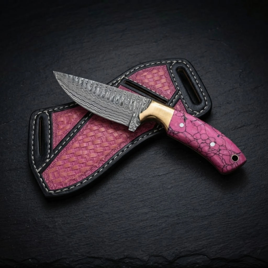 Handmade Damascus cowboy knife with pink turquoise handle