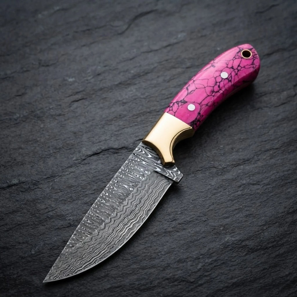 Handmade Damascus cowboy knife with pink turquoise handle – pink turquoise composite handle with black matrix detail