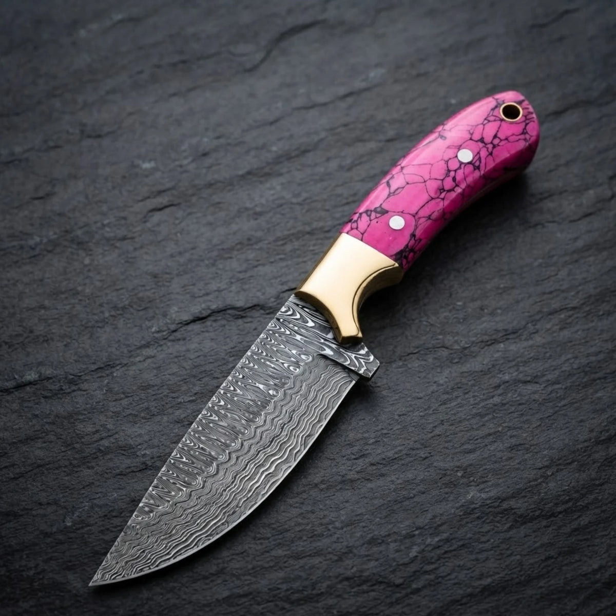 Handmade Damascus cowboy knife with pink turquoise handle – pink turquoise composite handle with black matrix detail