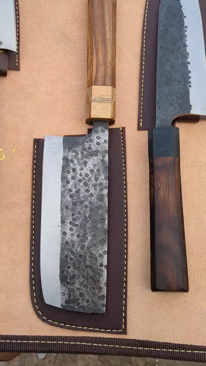Handmade Forged Japanese Chef Knife Set, Hammered High Carbon Steel with Kiritsuke & Nakiri