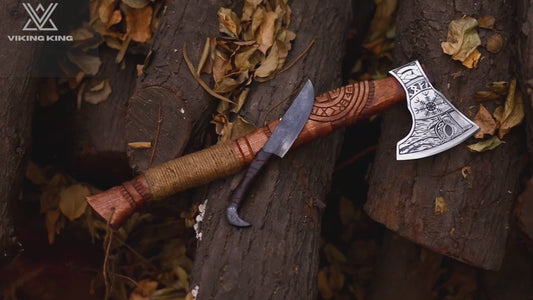 HANDMADE BATTLE AXE WITH ETCHED NORSE SYMBOLS with Raven Knife