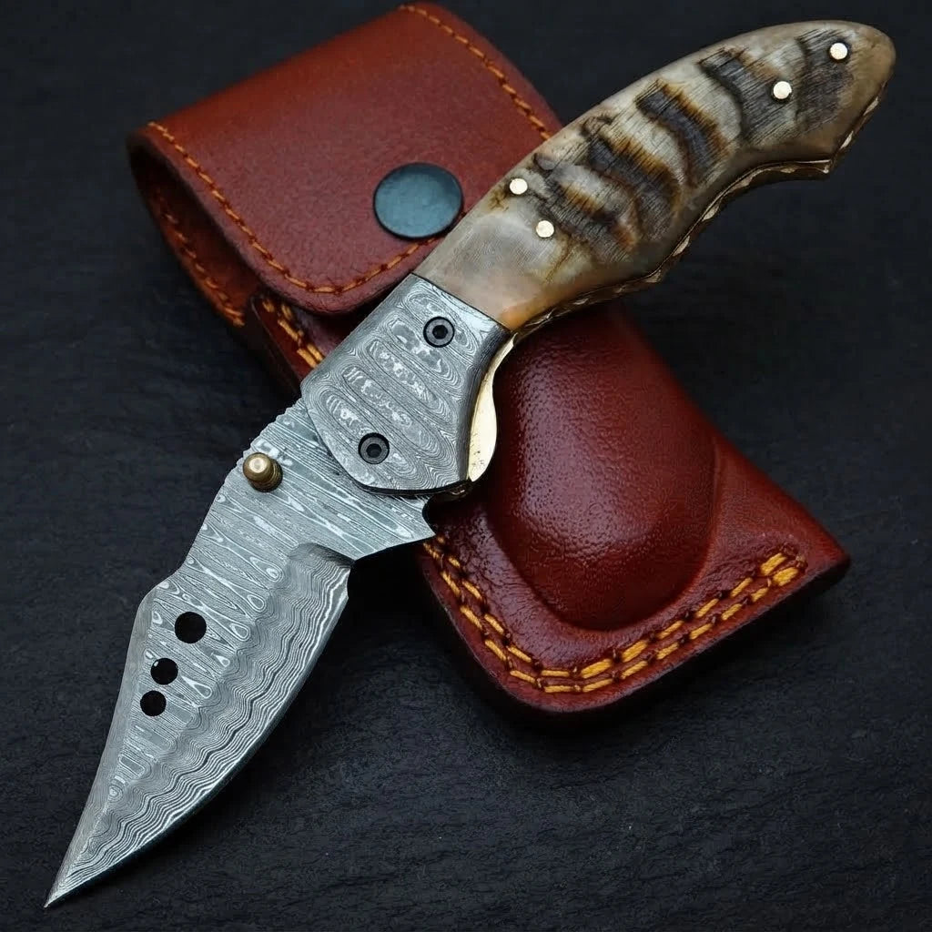 Damascus drop point folding knife with genuine leather sheath