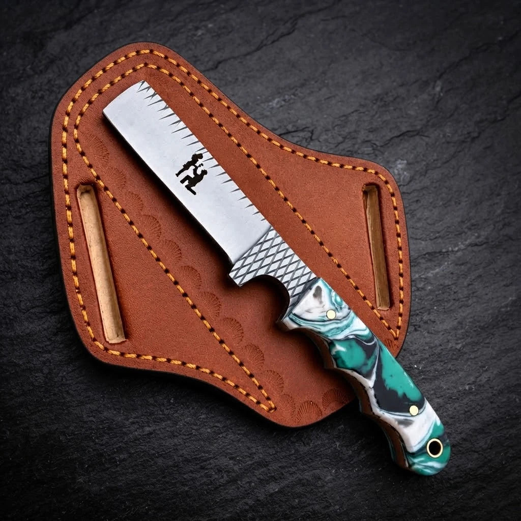 Ranchspire resin handle and cross-draw leather sheath detail