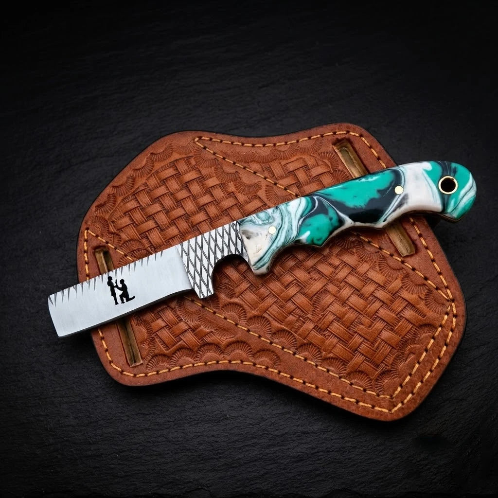 Ranchspire cowboy knife with leather sheath, side view