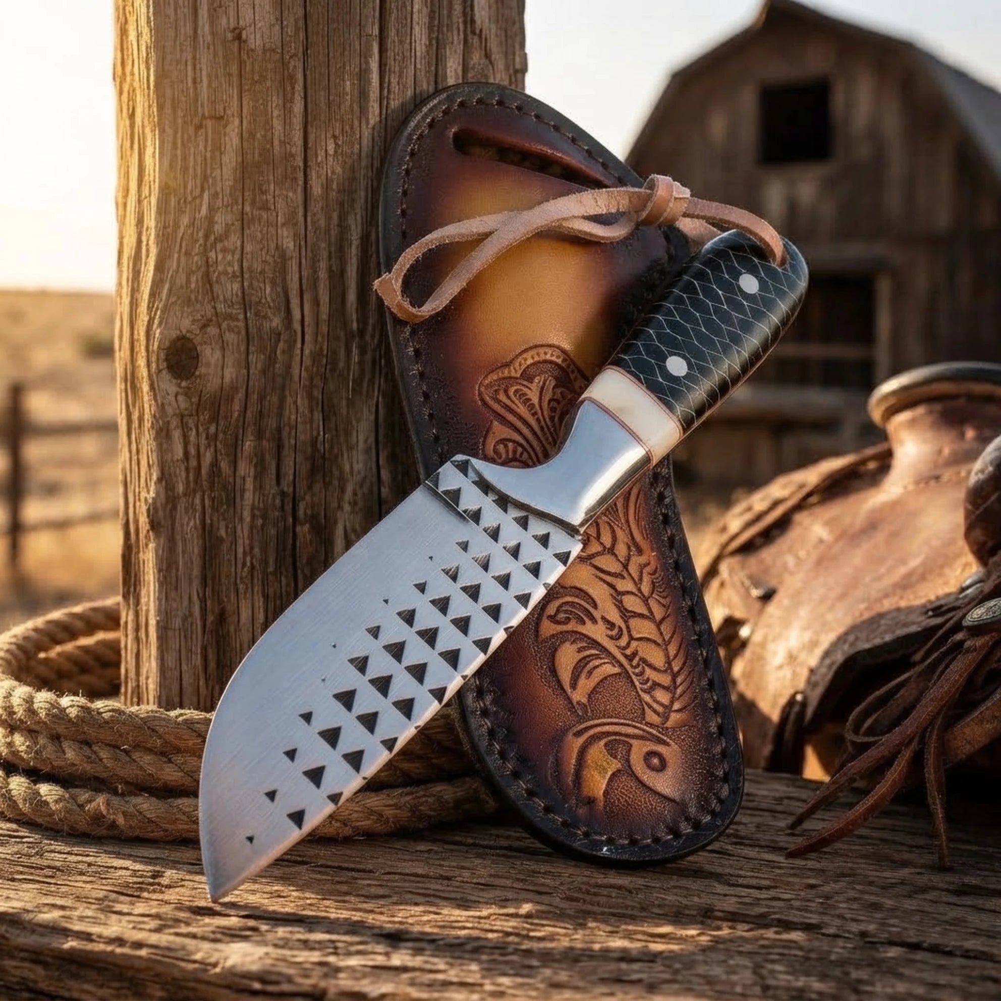 Handmade rasp steel buckaroo knife with camel bone honeycomb handle