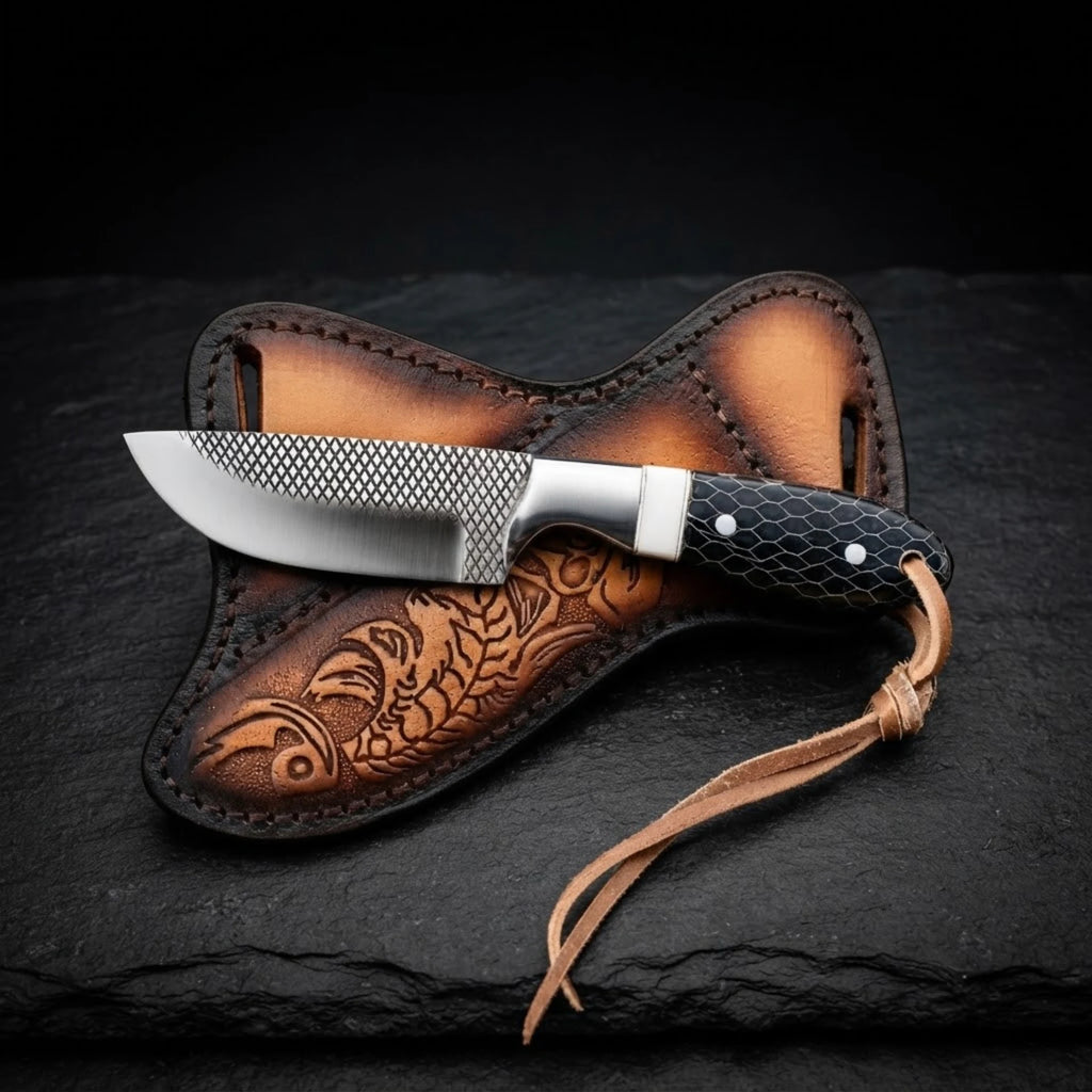 Handmade rasp steel buckaroo knife with camel bone honeycomb handle – camel bone honeycomb handle close-up