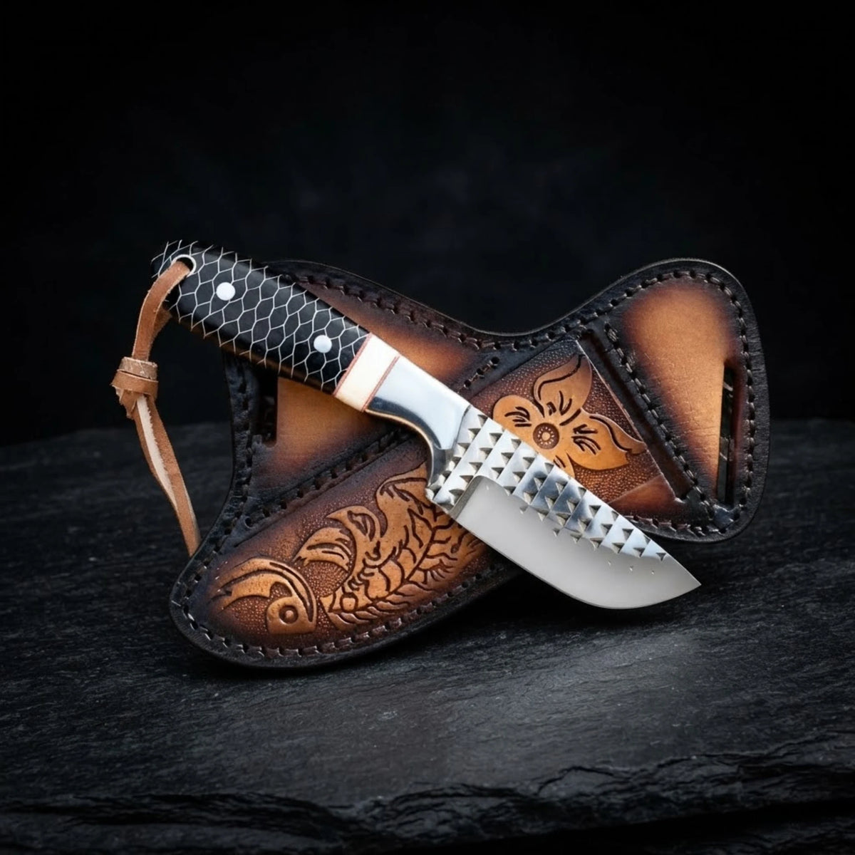 Handmade rasp steel buckaroo knife with camel bone honeycomb handle – hand-tooled cross draw leather sheath