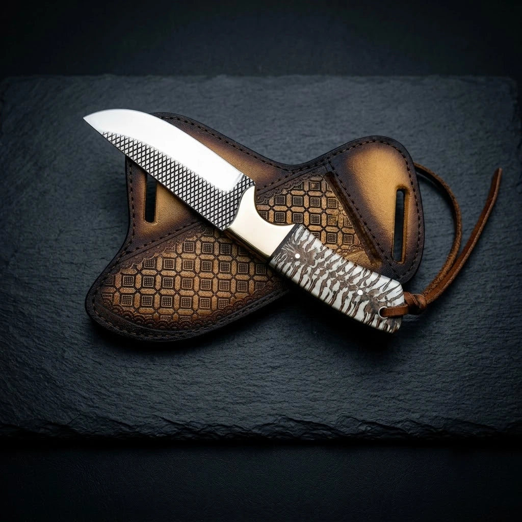 A handmade USA rasp steel cowboy knife showcasing the distinct cross-hatched rasp texture on the blade, with a cast pine cone handle and brass bolster, resting horizontally across its stamped leather crossdraw sheath on a dark slate background