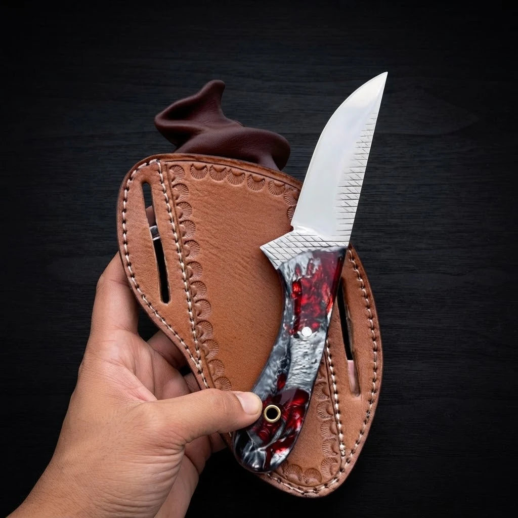 Handholding a rasp steel cowboy knife with a red and swirl resin handle, displaying the blade texture alongside its tan leather belt sheath against a dark background