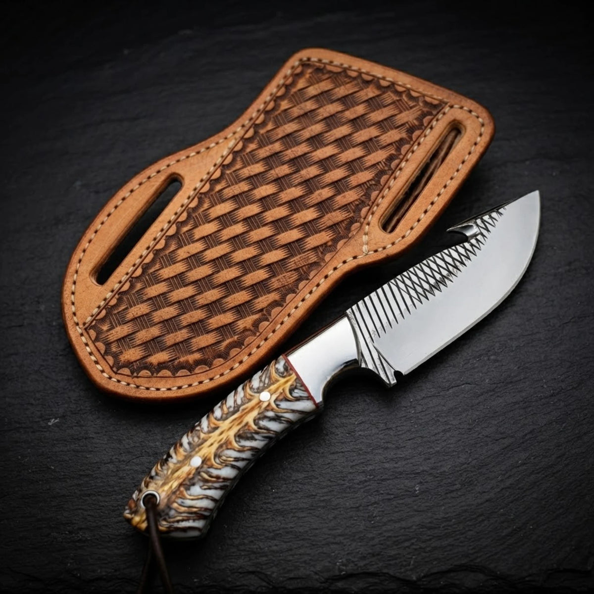 Handmade gut hook hunting knife with pine cone resin handle – gut hook blade with etched mountain pattern