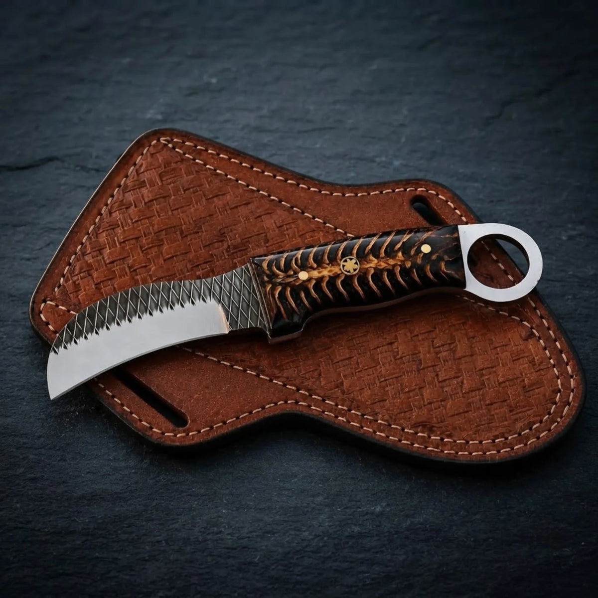 Handmade rasp steel hawkbill knife with pinecone resin handle