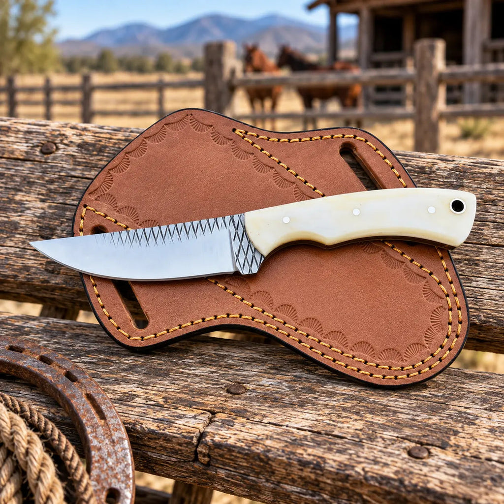 Bonehart Rasp Steel Skinner Knife – Bone Handle & Leather Sheath