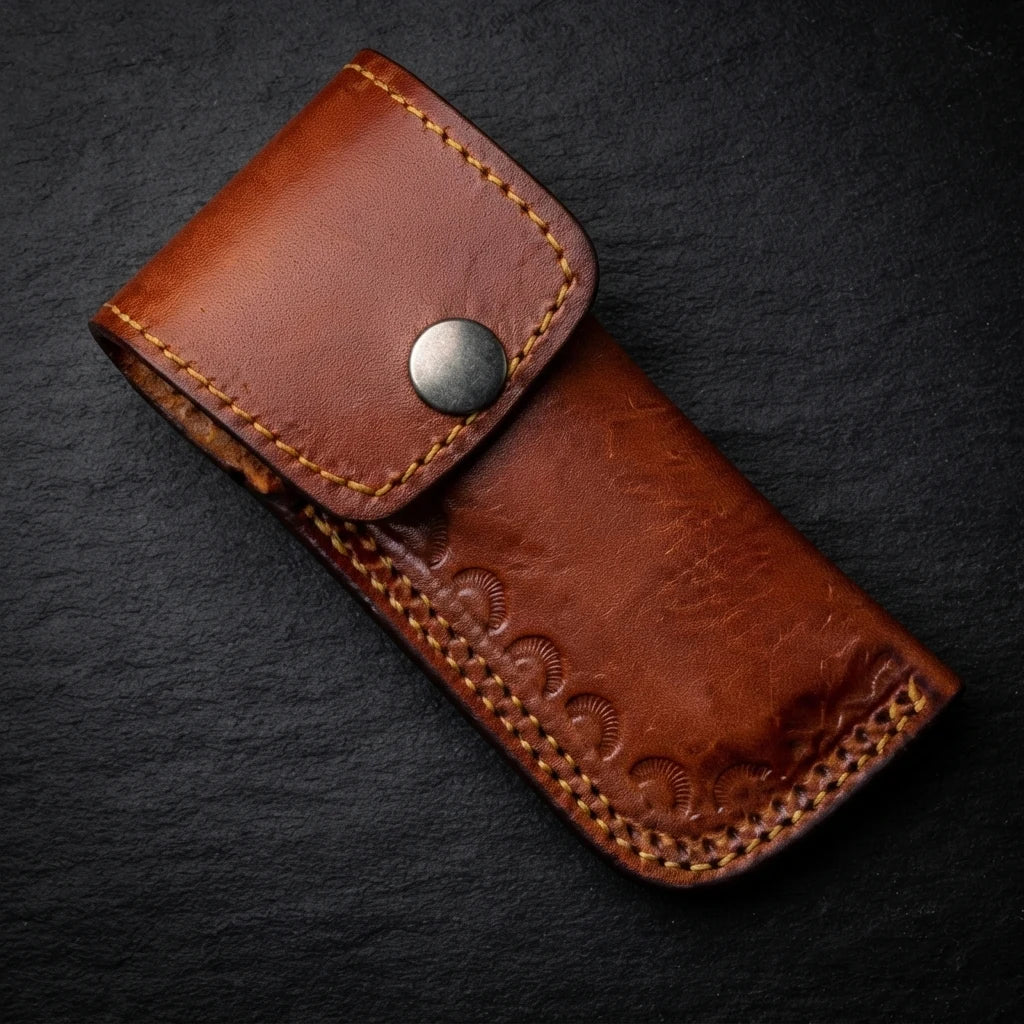 Folded damascus pocket knife with leather sheath