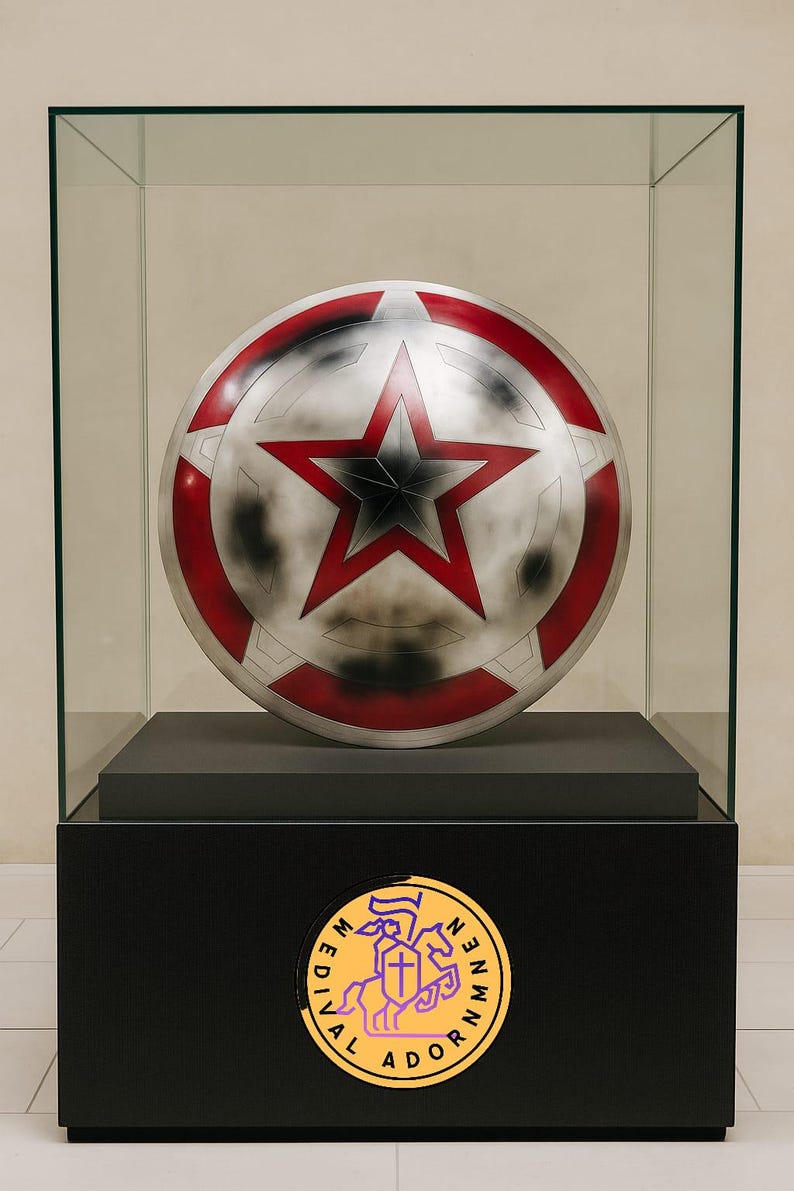 Red Star Steel Shield, superhero-inspired cosplay prop – bold red star design with distressed detailing