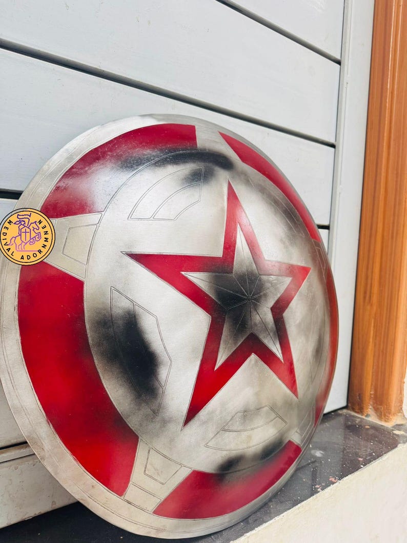 Red Star Steel Shield, superhero-inspired cosplay prop – polished silver metallic finish
