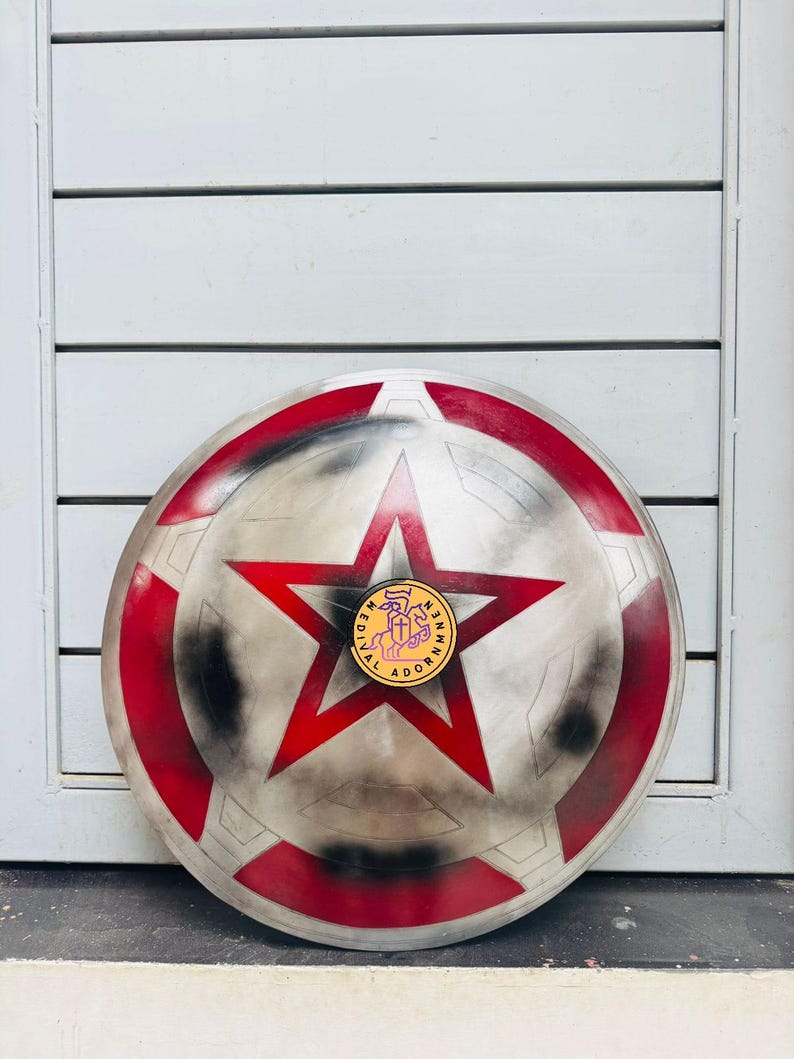 Red Star Steel Shield, superhero-inspired cosplay prop – bold red star design with distressed detailing