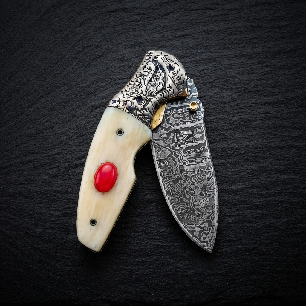 Grouse engraved Damascus bolster on folding pocket knife