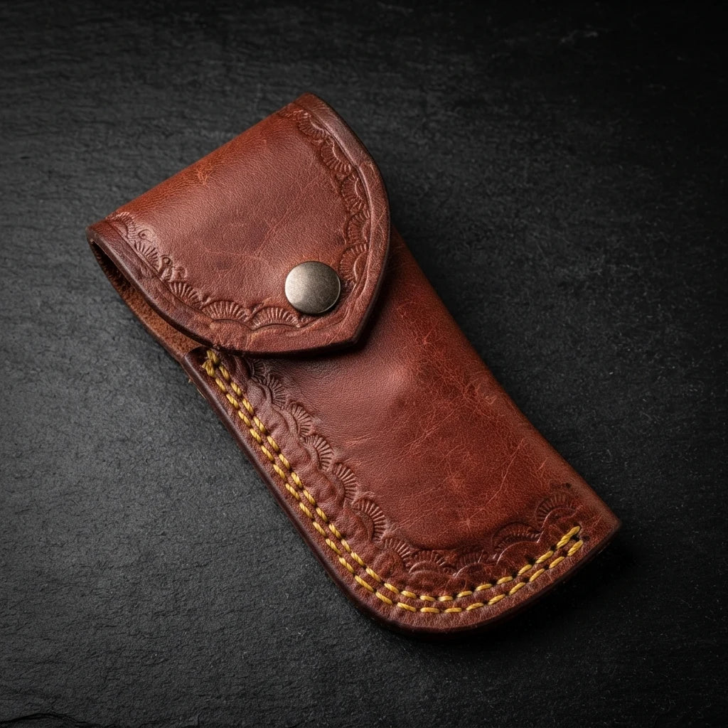 Folded Damascus pocket knife with camel bone handle and leather sheath