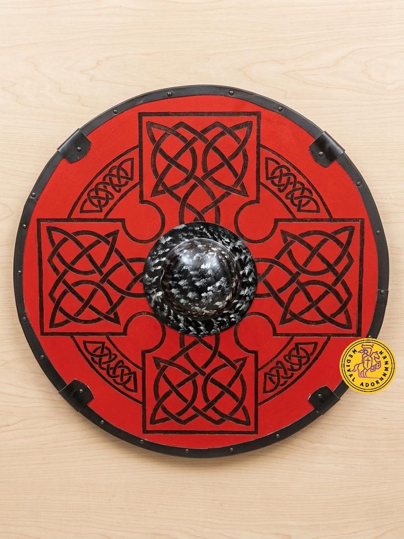 Red Viking Shield, handcrafted Celtic knot wood decor