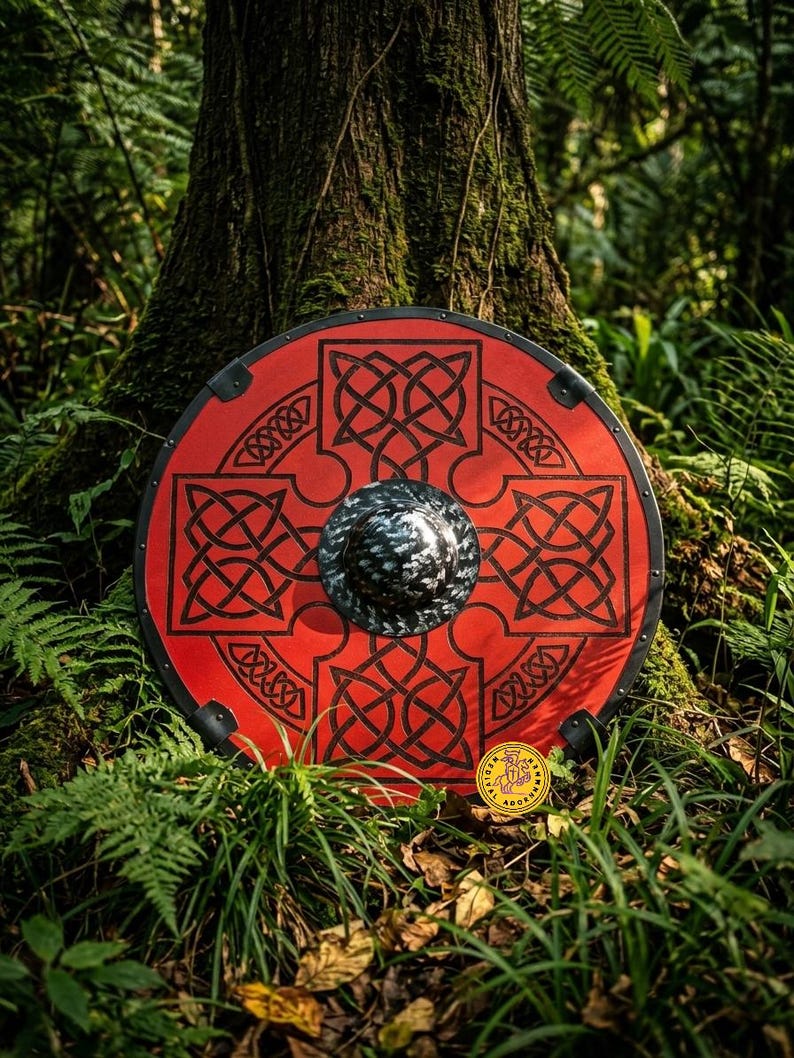 Red Viking Shield, handcrafted Celtic knot wood decor – black Celtic knotwork on a bold red base