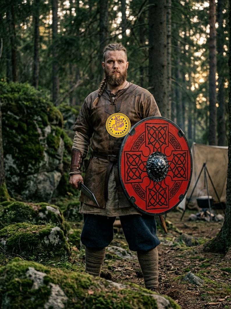 Red Viking Shield, handcrafted Celtic knot wood decor – hand-finished distressed vintage effect