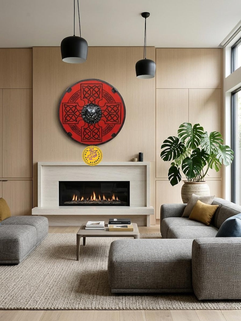 Red Viking Shield, handcrafted Celtic knot wood decor – solid wood base with metal center boss