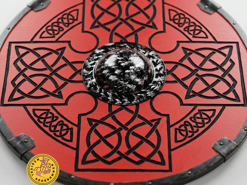 Red Viking Shield, handcrafted Celtic knot wood decor – black Celtic knotwork on a bold red base