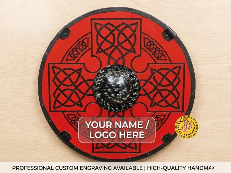 Red Viking Shield, handcrafted Celtic knot wood decor – hand-finished distressed vintage effect