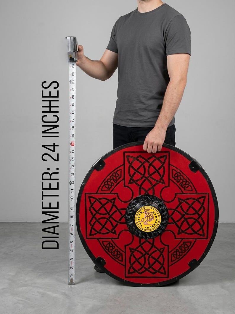 Red Viking Shield, handcrafted Celtic knot wood decor – solid wood base with metal center boss
