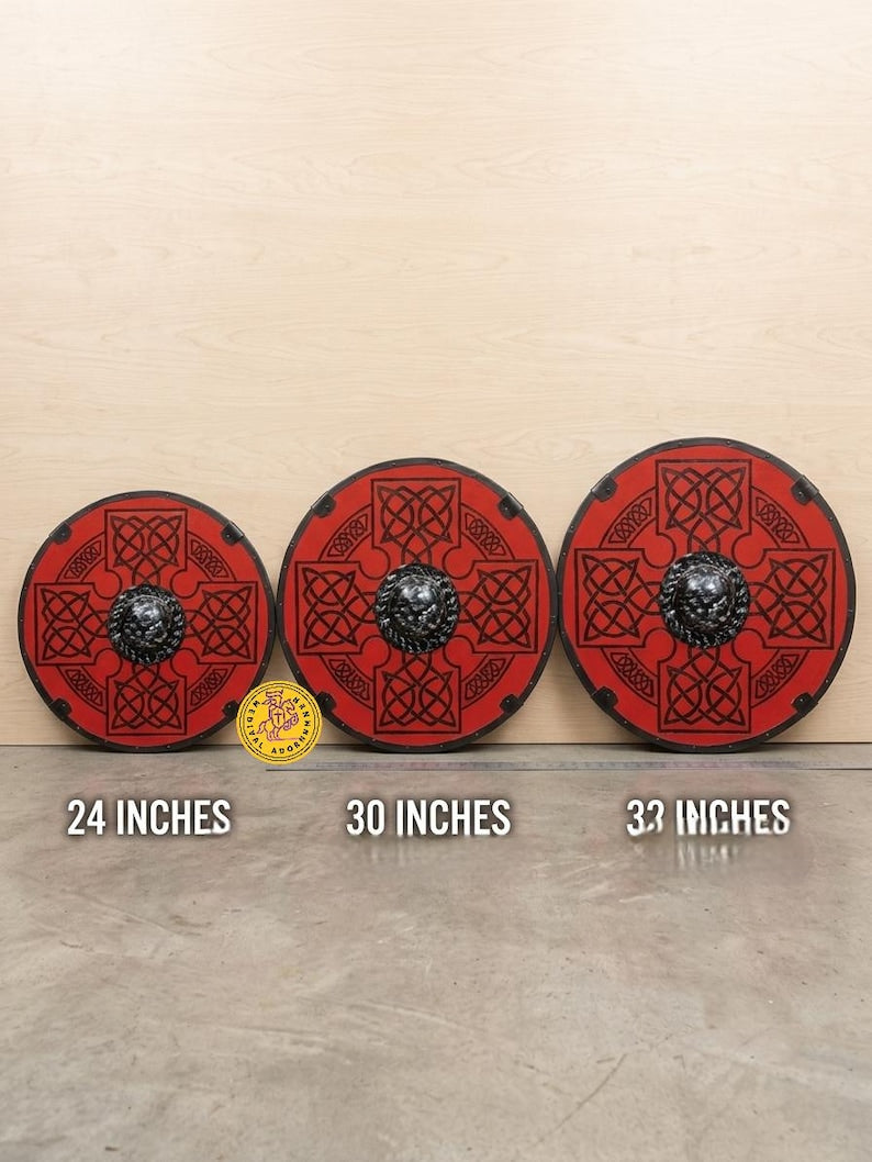 Red Viking Shield, handcrafted Celtic knot wood decor – black Celtic knotwork on a bold red base