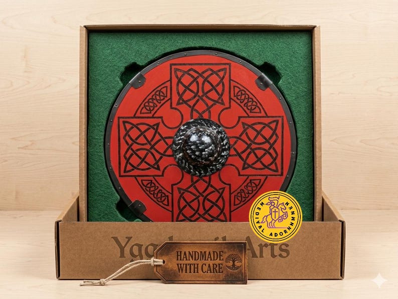 Red Viking Shield, handcrafted Celtic knot wood decor – hand-finished distressed vintage effect