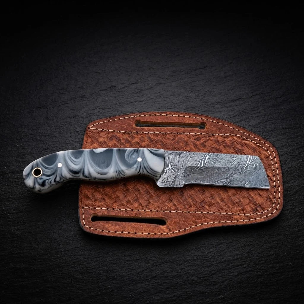 Redstone Damascus cowboy bull cutter knife with resin handle and leather sheath
