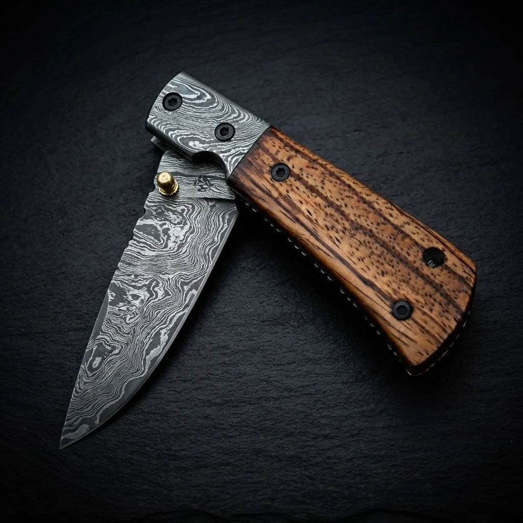 Damascus folding knife — 156-layer blade pattern detail
